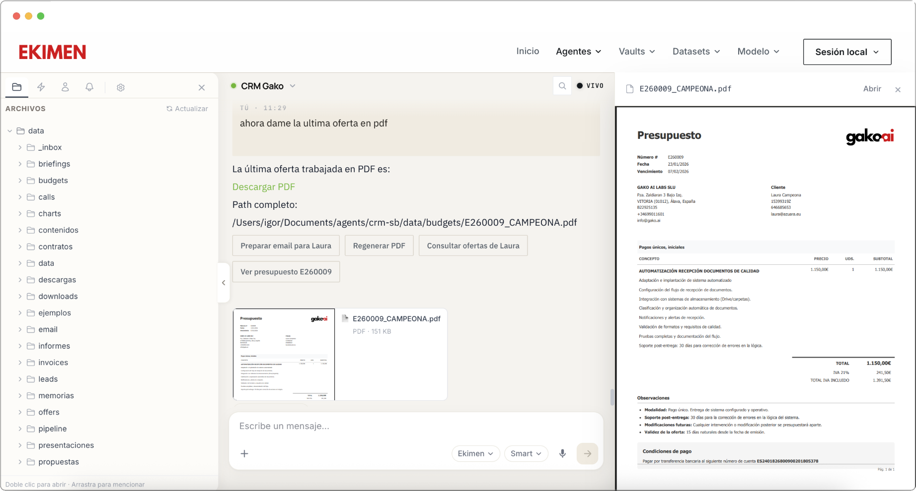 Oferta registrada por el agente en el CRM